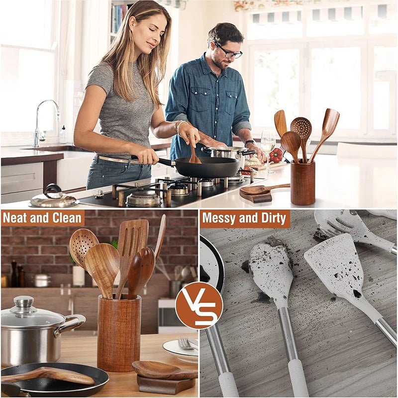 10 - Piece Natural Teak Wooden Kitchen Utensil Set - OakoryOakory