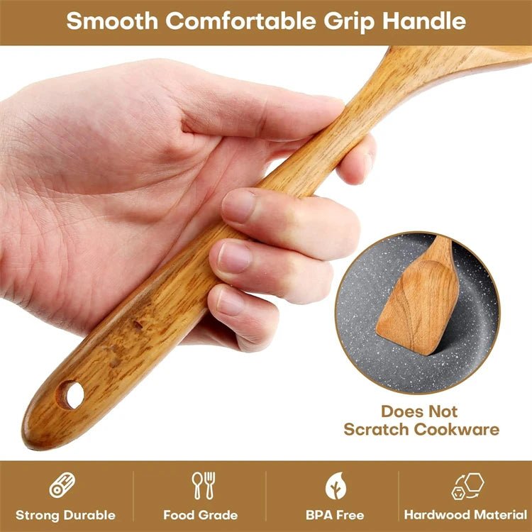 10 - Piece Natural Teak Wooden Kitchen Utensil Set - OakoryOakory