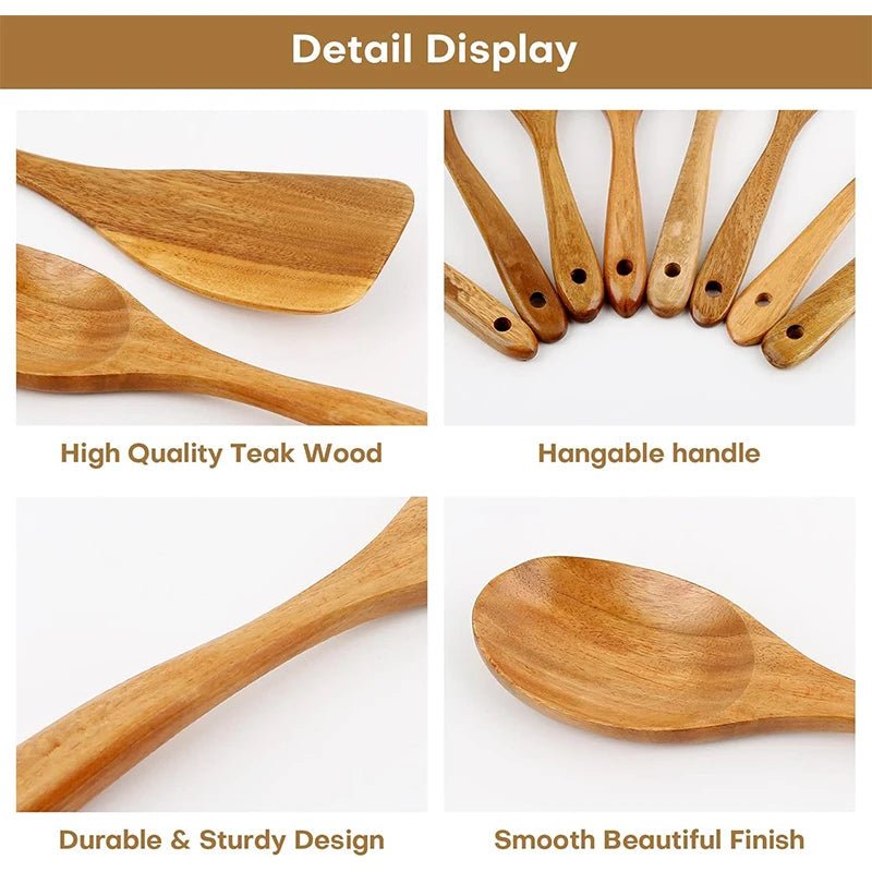 10 - Piece Natural Teak Wooden Kitchen Utensil Set - OakoryOakory