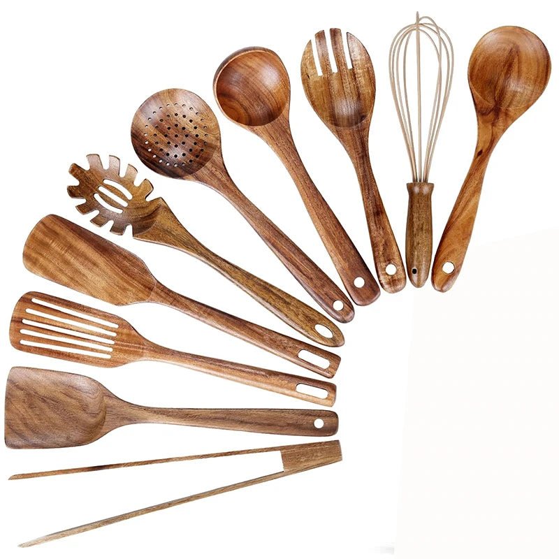 10 - Piece Natural Teak Wooden Kitchen Utensil Set - OakoryOakory