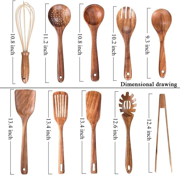10 - Piece Natural Teak Wooden Kitchen Utensil Set - OakoryOakory