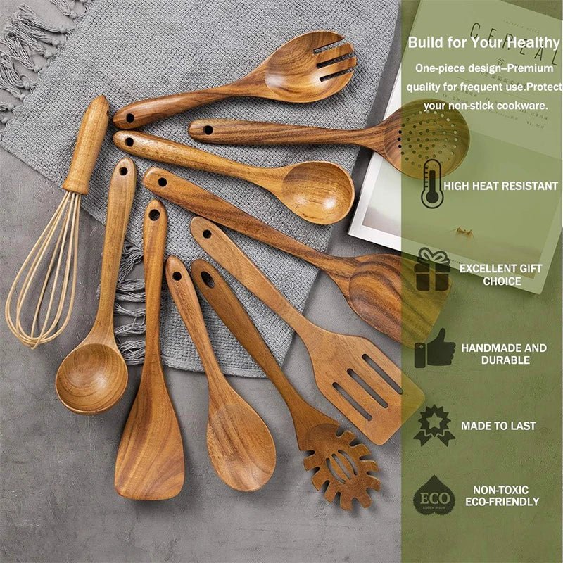 10 - Piece Natural Teak Wooden Kitchen Utensil Set - OakoryOakory