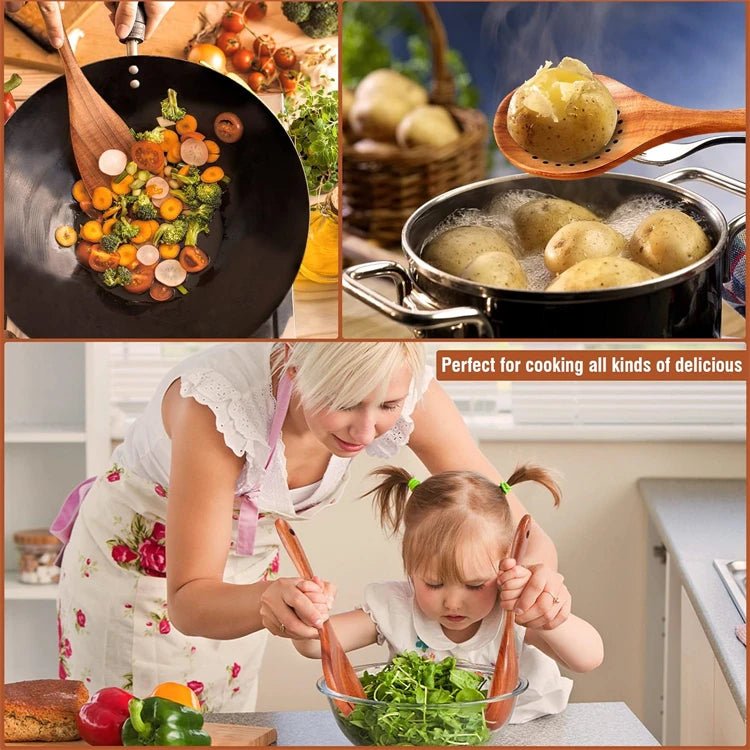 10 - Piece Natural Teak Wooden Kitchen Utensil Set - OakoryOakory
