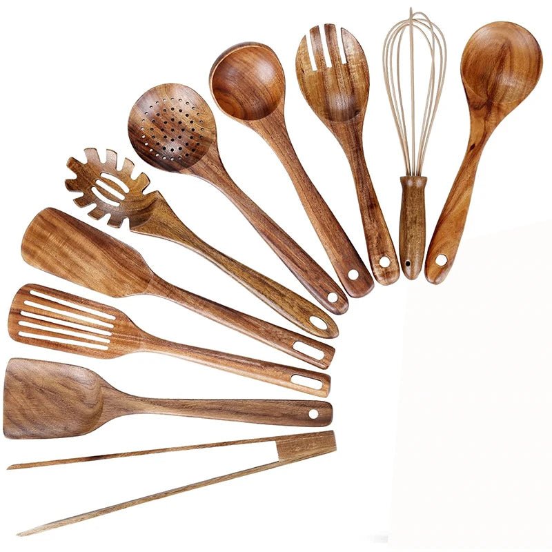 10 - Piece Natural Teak Wooden Kitchen Utensil Set - OakoryOakory