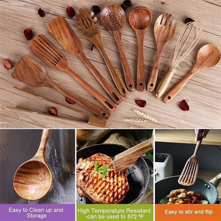 10 - Piece Natural Teak Wooden Kitchen Utensil Set - OakoryOakory