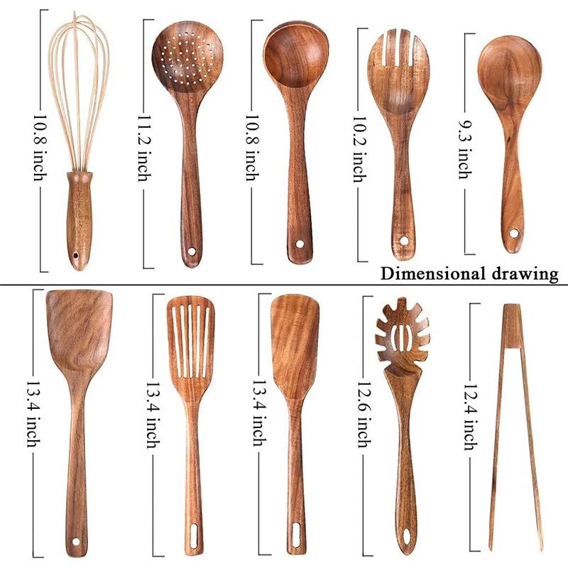 10 - Piece Natural Teak Wooden Kitchen Utensil Set - OakoryOakory