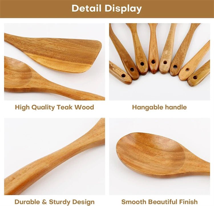 10 - Piece Natural Teak Wooden Kitchen Utensil Set - OakoryOakory