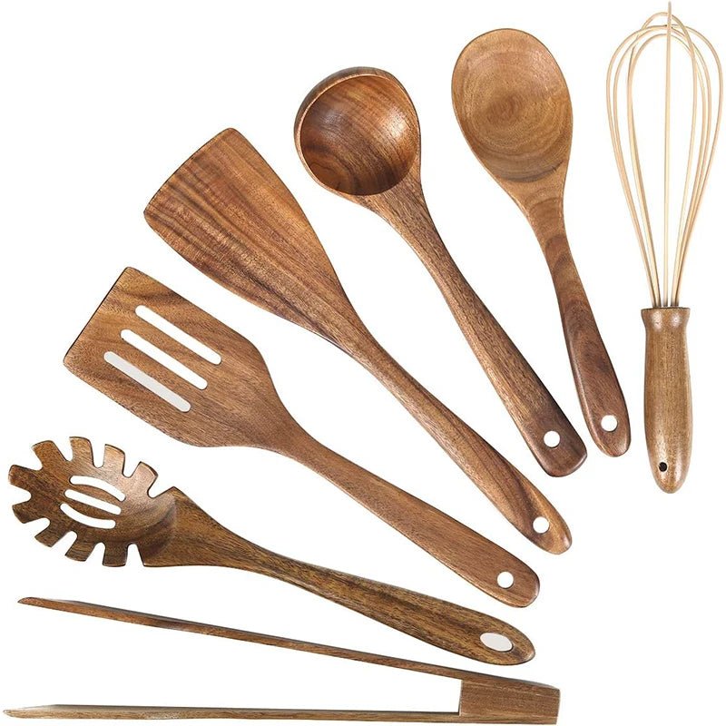 10 - Piece Natural Teak Wooden Kitchen Utensil Set - OakoryOakory
