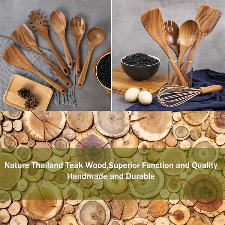 10 - Piece Natural Teak Wooden Kitchen Utensil Set - OakoryOakory