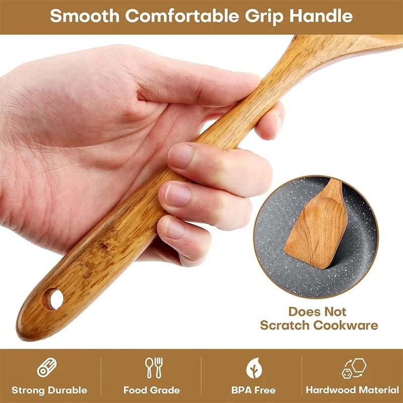 10 - Piece Natural Teak Wooden Kitchen Utensil Set - OakoryOakory