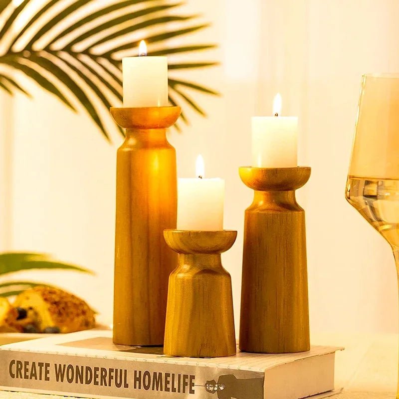 3PCS Natural Wooden Candlestick Holders - OakoryOakory