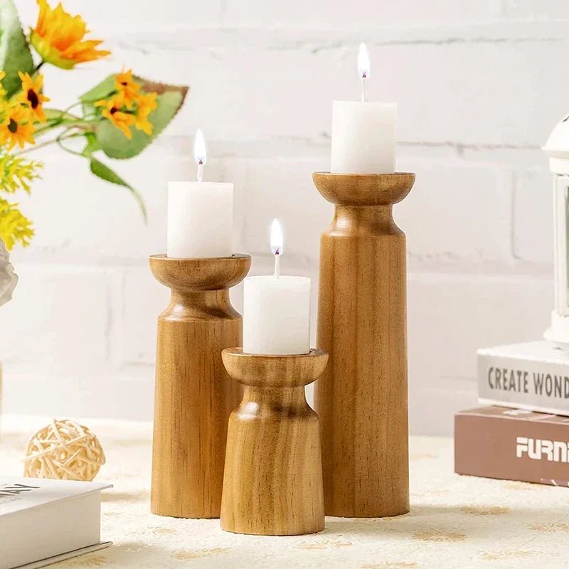 3PCS Natural Wooden Candlestick Holders - OakoryOakory