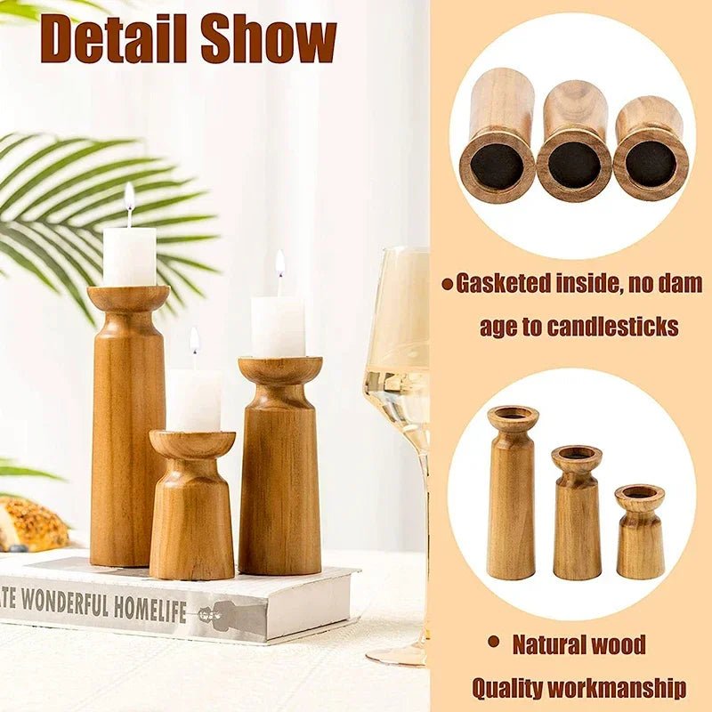 3PCS Natural Wooden Candlestick Holders - OakoryOakory