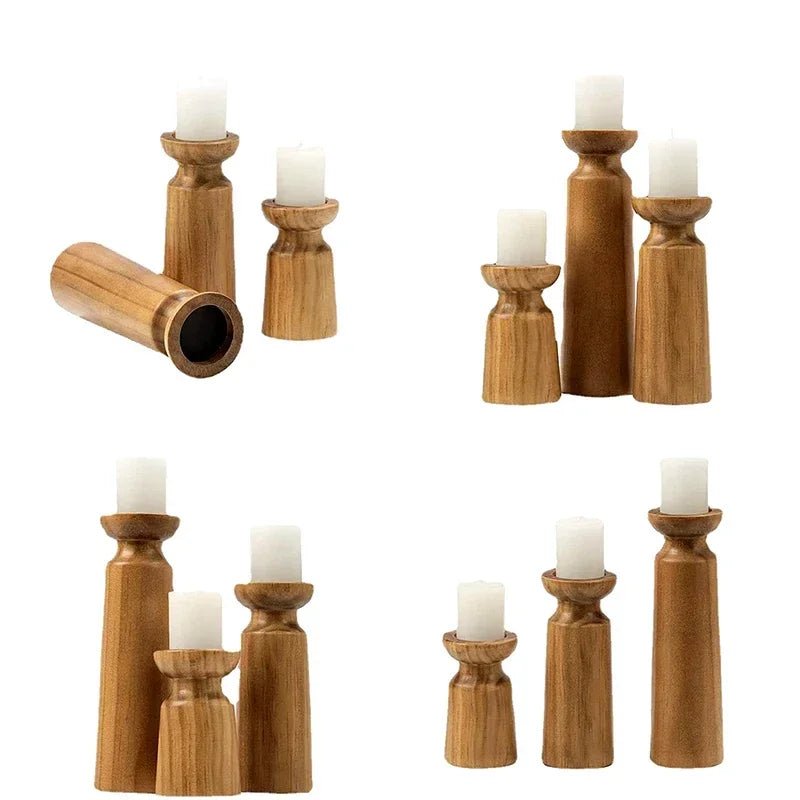3PCS Natural Wooden Candlestick Holders - OakoryOakory