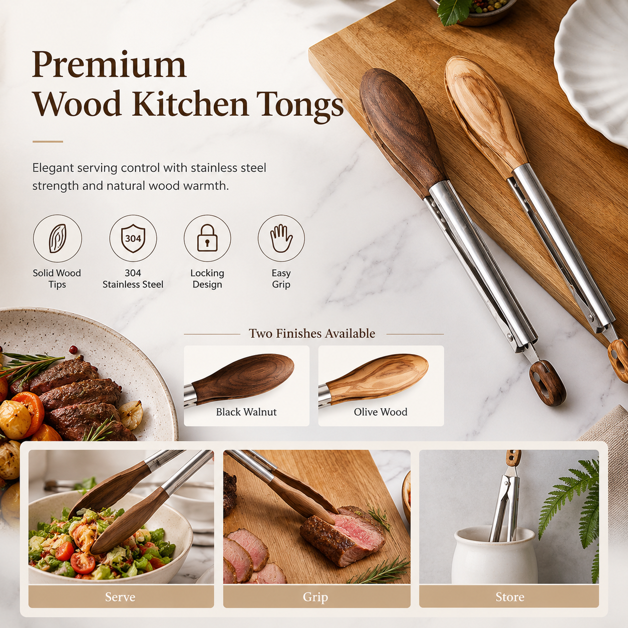 Walnut Wood & Stainless Steel Kitchen Tongs