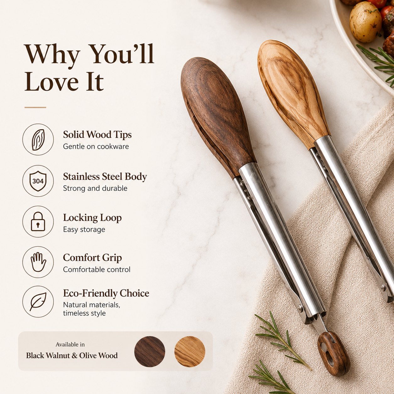 Walnut Wood & Stainless Steel Kitchen Tongs