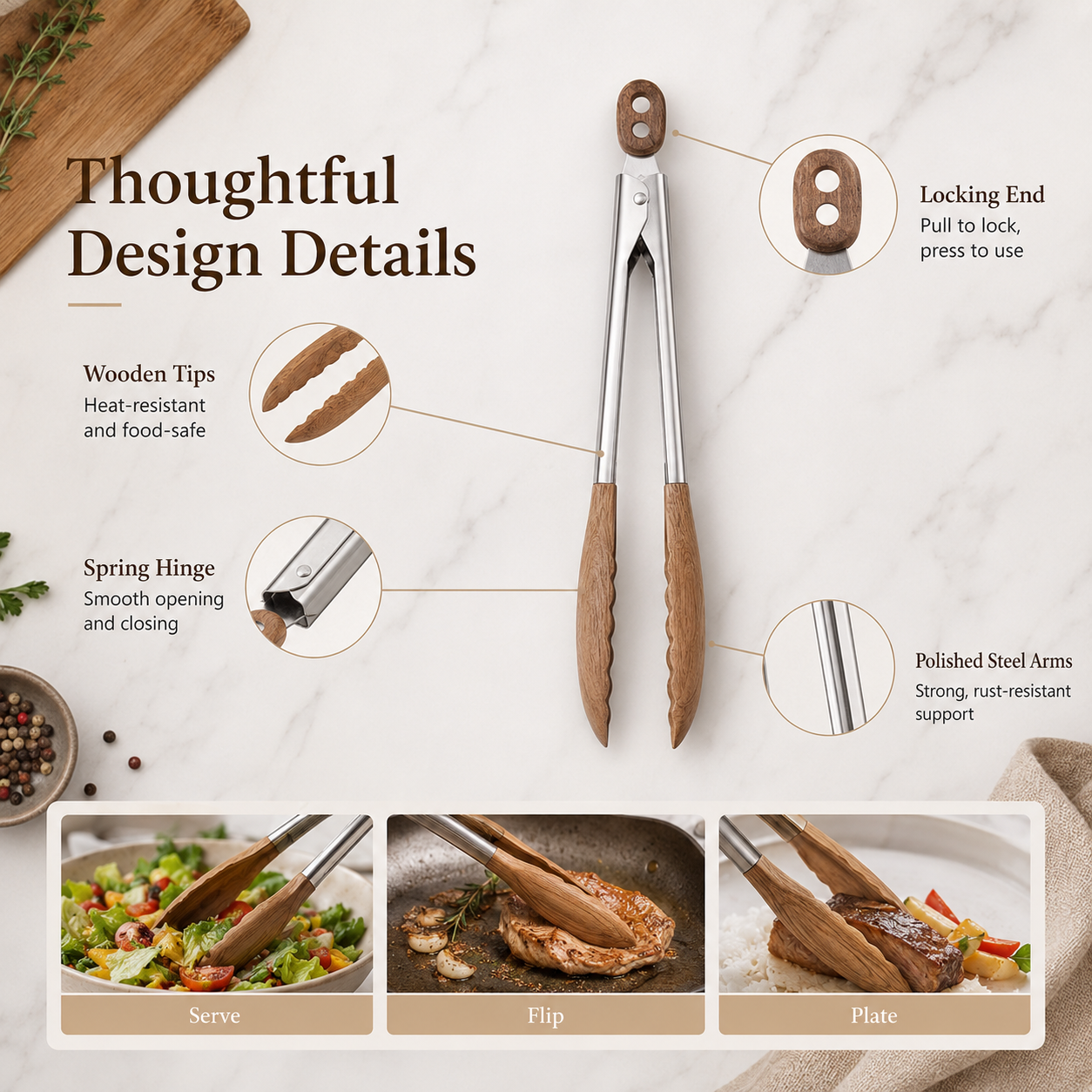 Walnut Wood & Stainless Steel Kitchen Tongs