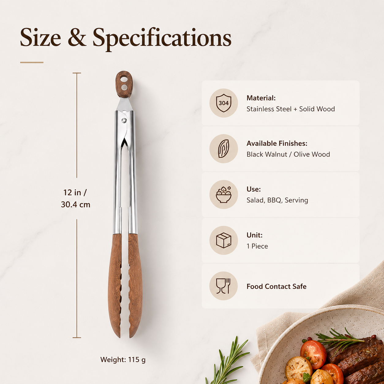 Walnut Wood & Stainless Steel Kitchen Tongs
