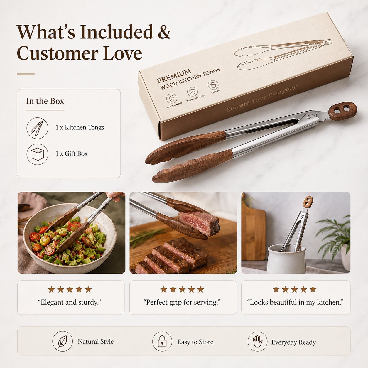 Walnut Wood & Stainless Steel Kitchen Tongs