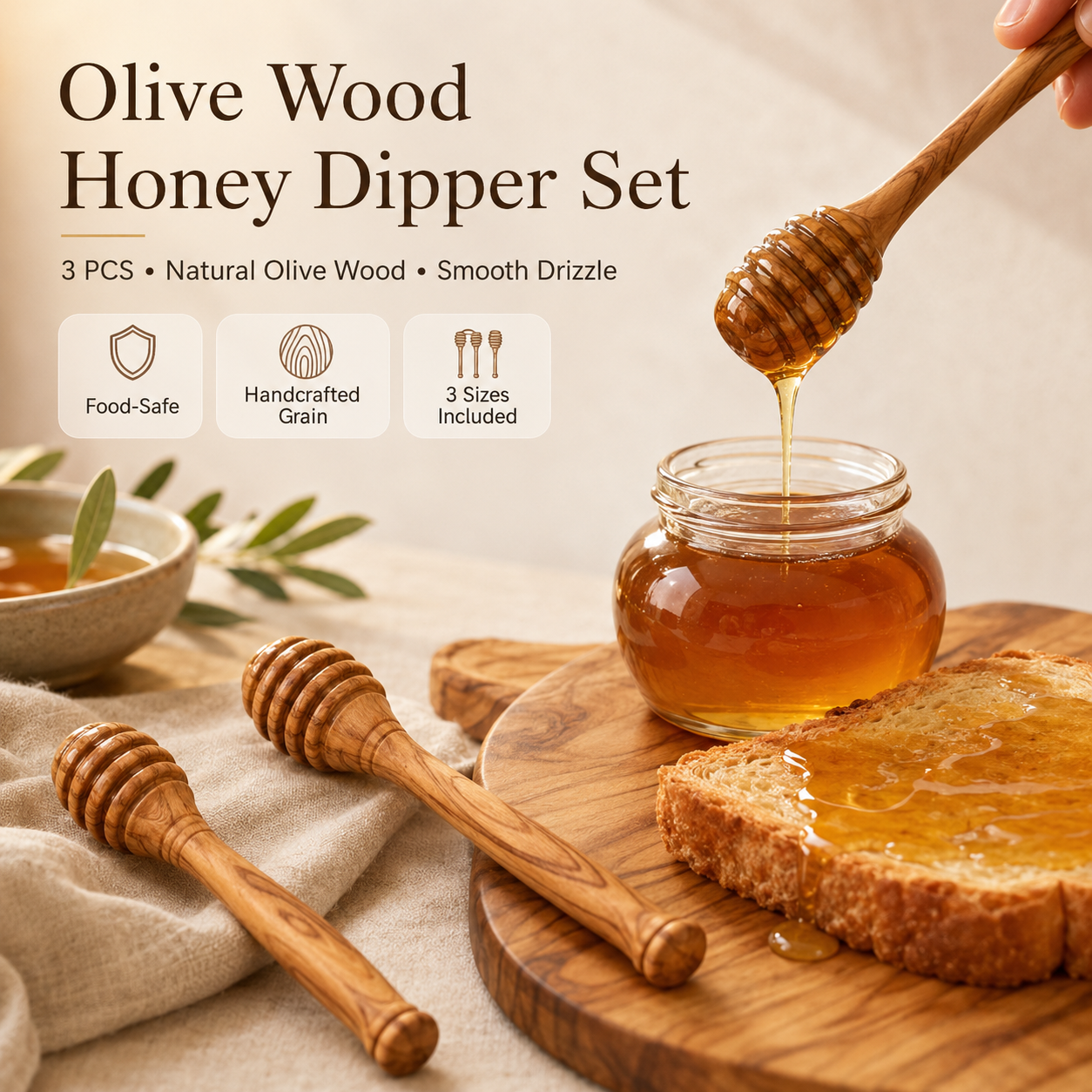 Olive Wood Honey Dipper - 3-Piece Set