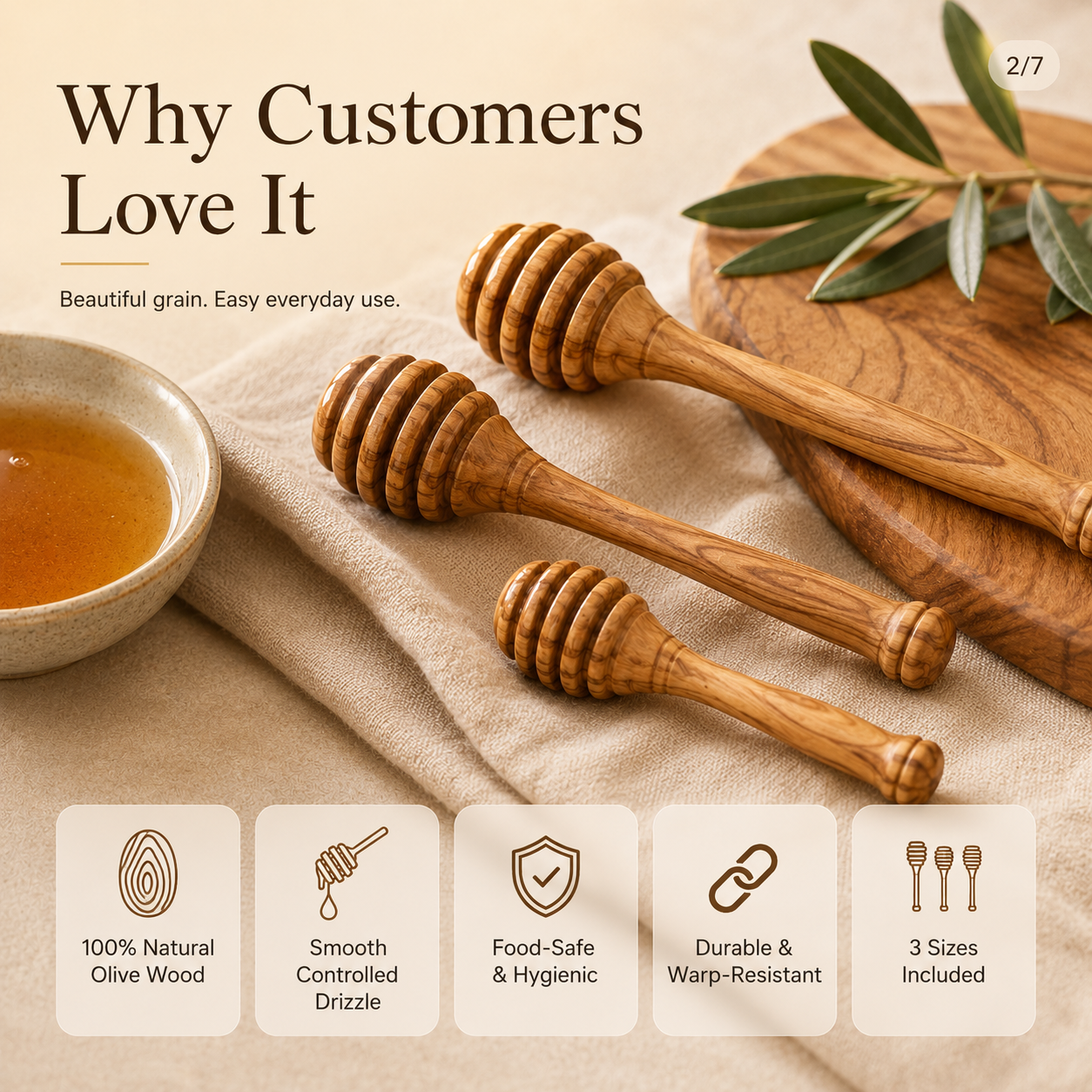 Olive Wood Honey Dipper - 3-Piece Set