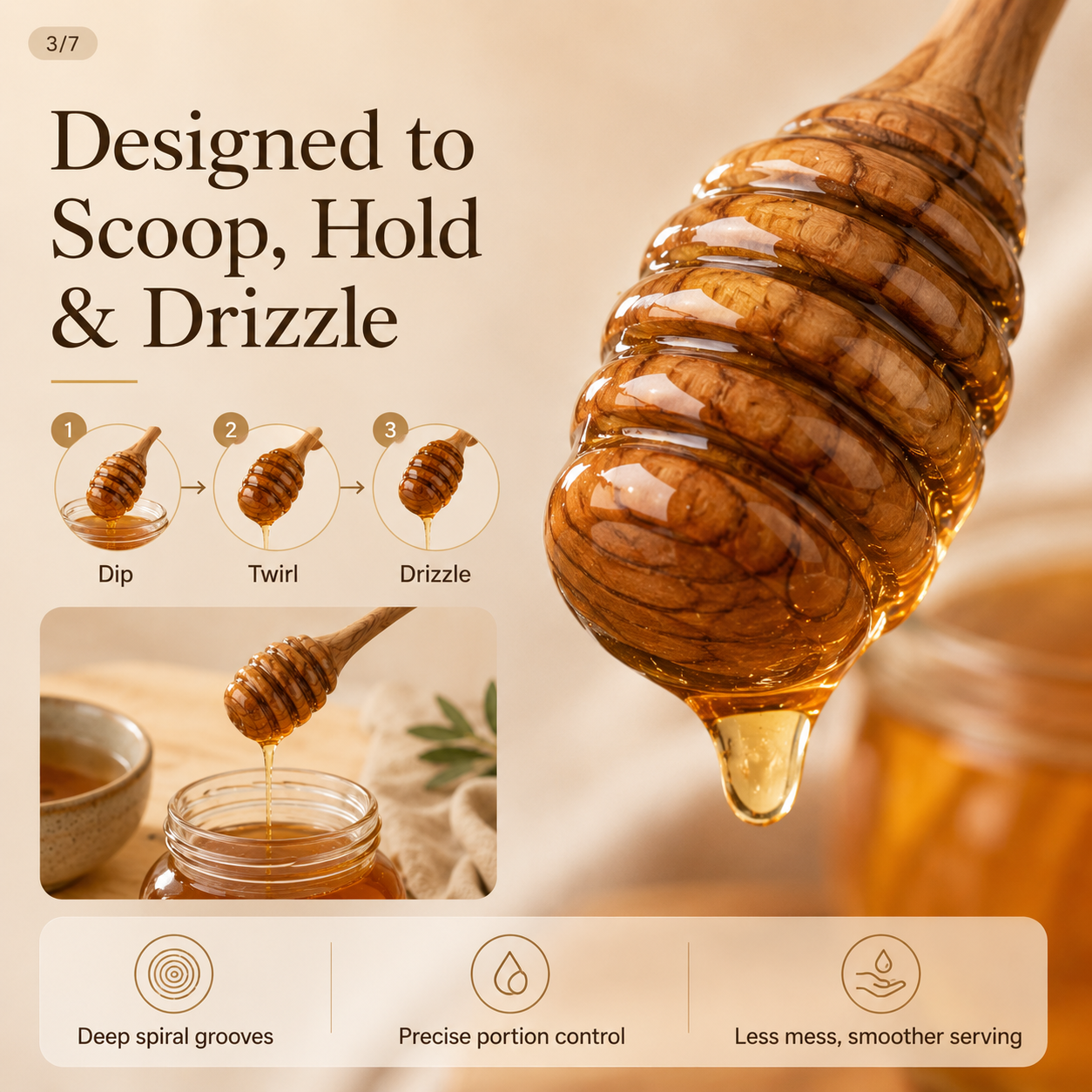 Olive Wood Honey Dipper - 3-Piece Set