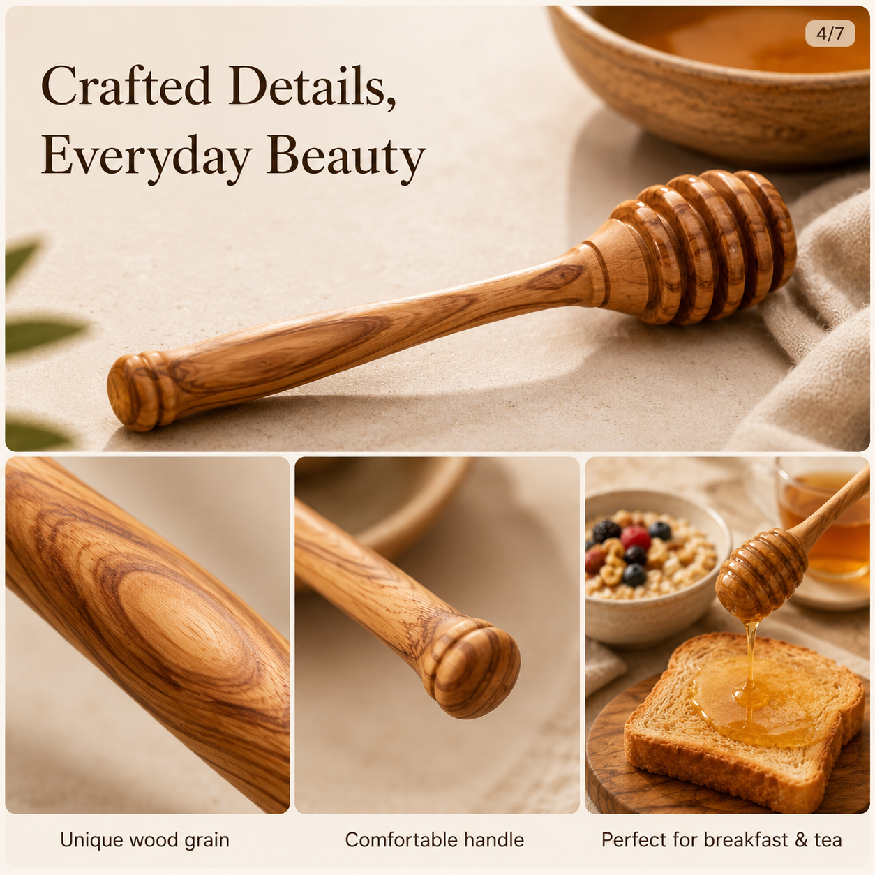 Olive Wood Honey Dipper - 3-Piece Set