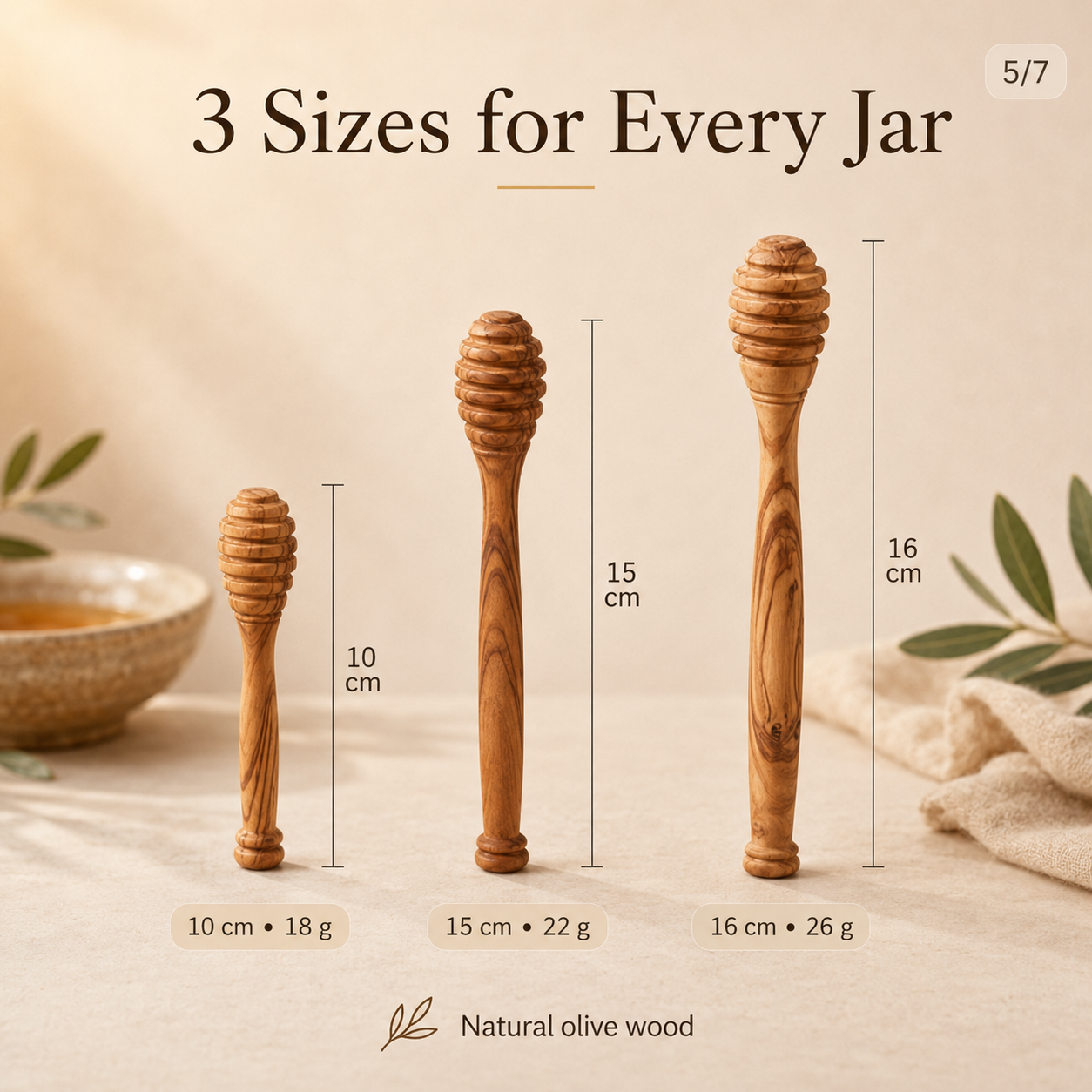 Olive Wood Honey Dipper - 3-Piece Set