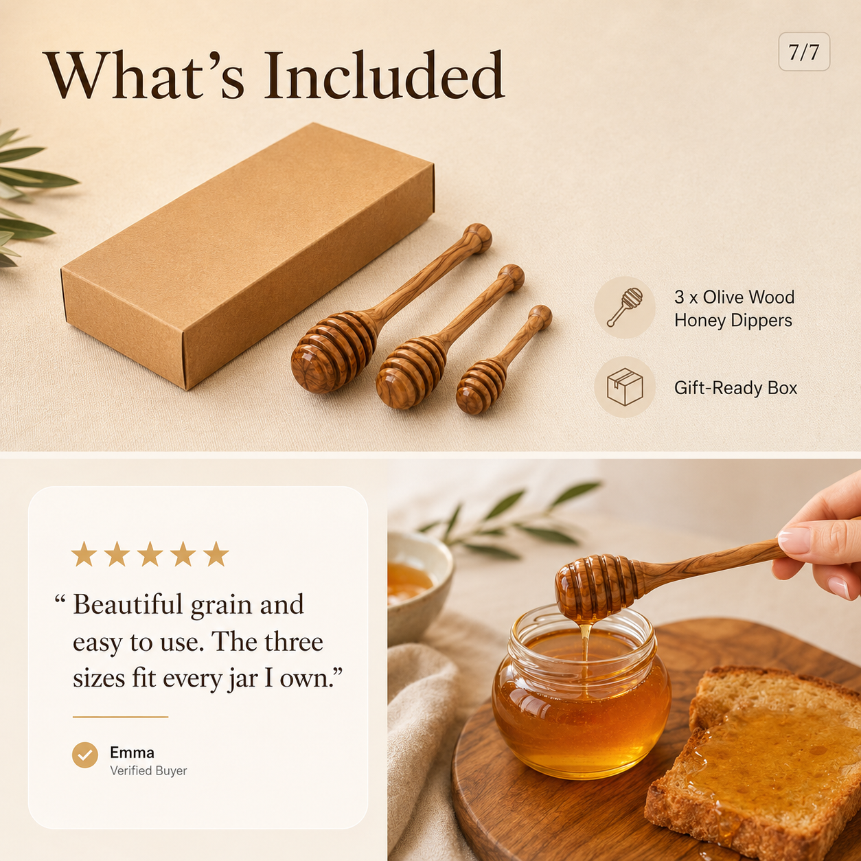 Olive Wood Honey Dipper - 3-Piece Set