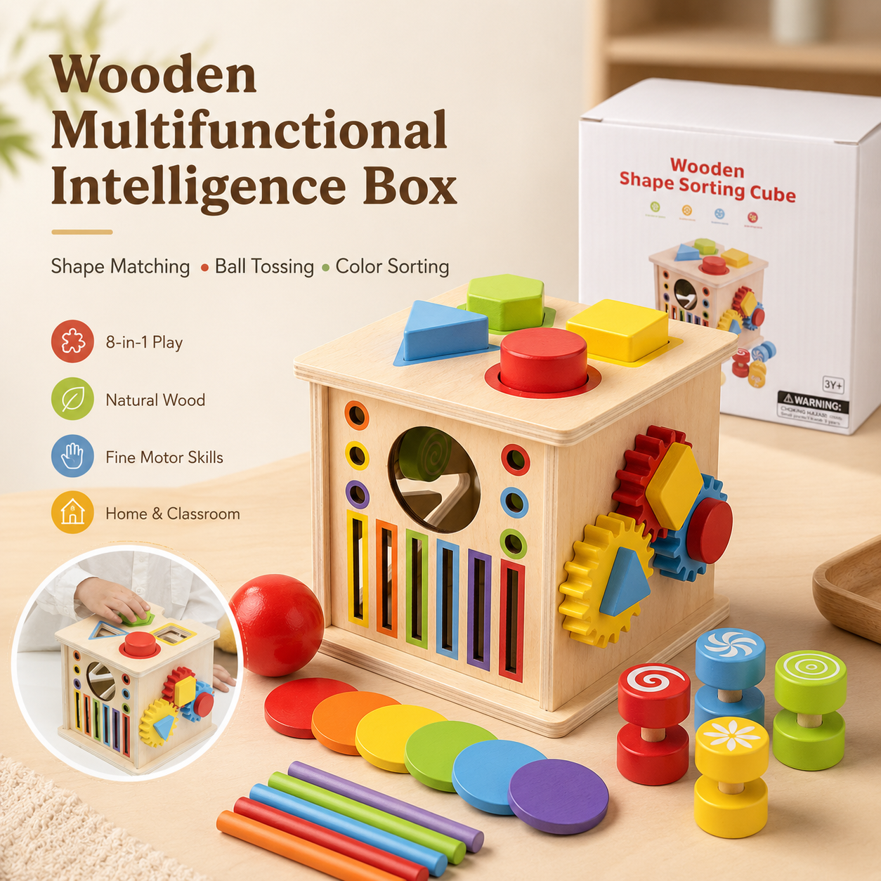 8-in-1 Wooden Montessori Busy Board & Shape Sorter Toy
