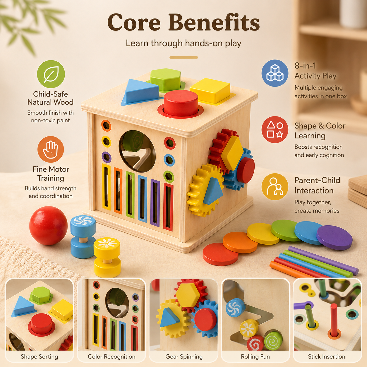 8-in-1 Wooden Montessori Busy Board & Shape Sorter Toy