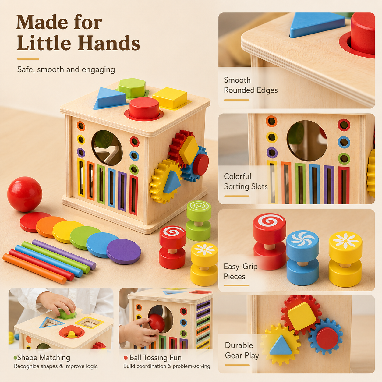 8-in-1 Wooden Montessori Busy Board & Shape Sorter Toy