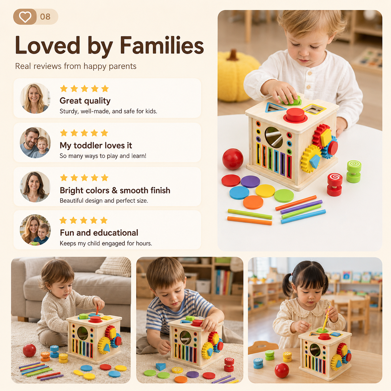 8-in-1 Wooden Montessori Busy Board & Shape Sorter Toy