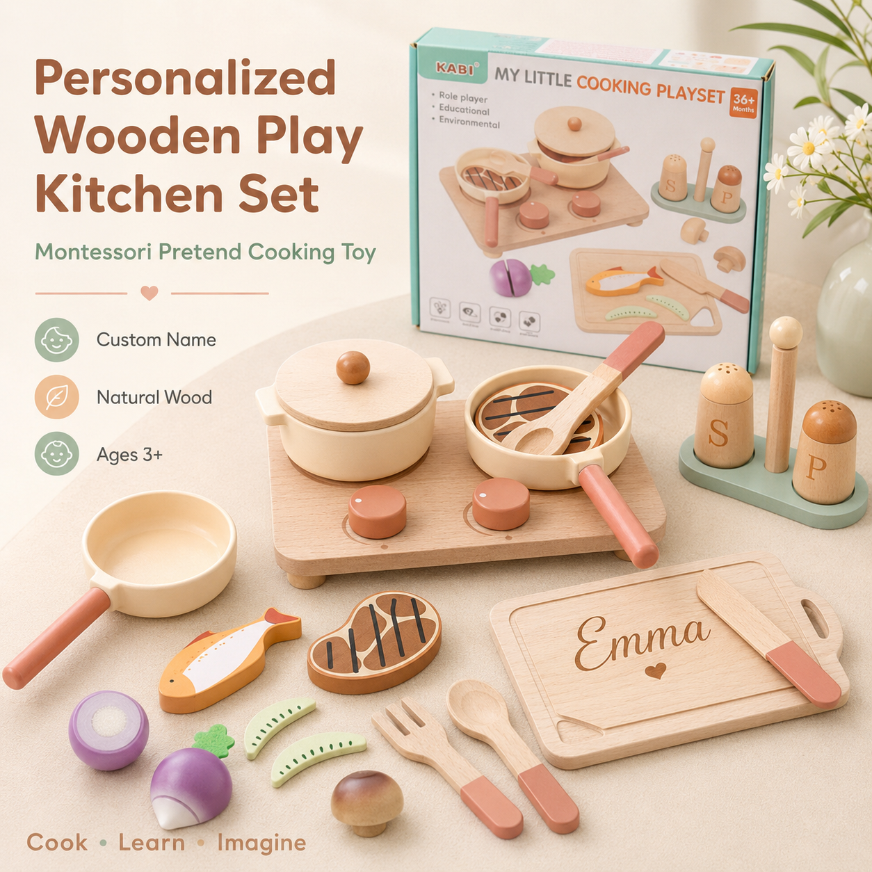 Personalized Wooden Play Kitchen Set for Kids