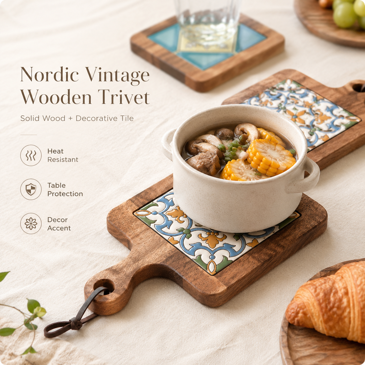 Nordic Vintage Wooden Tile Trivet
