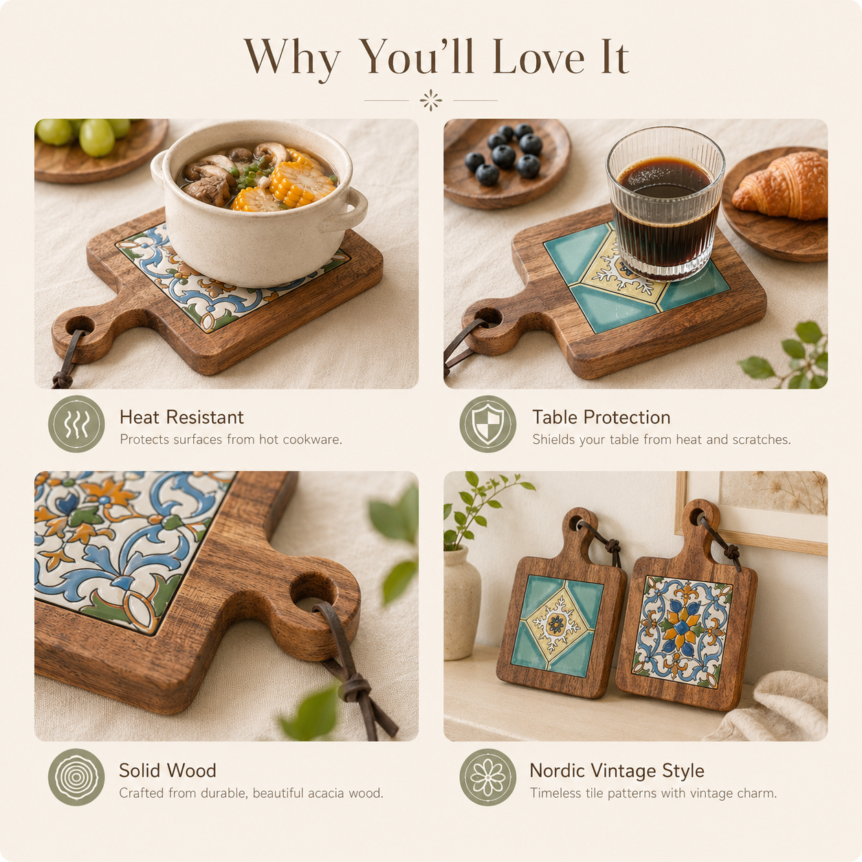Nordic Vintage Wooden Tile Trivet