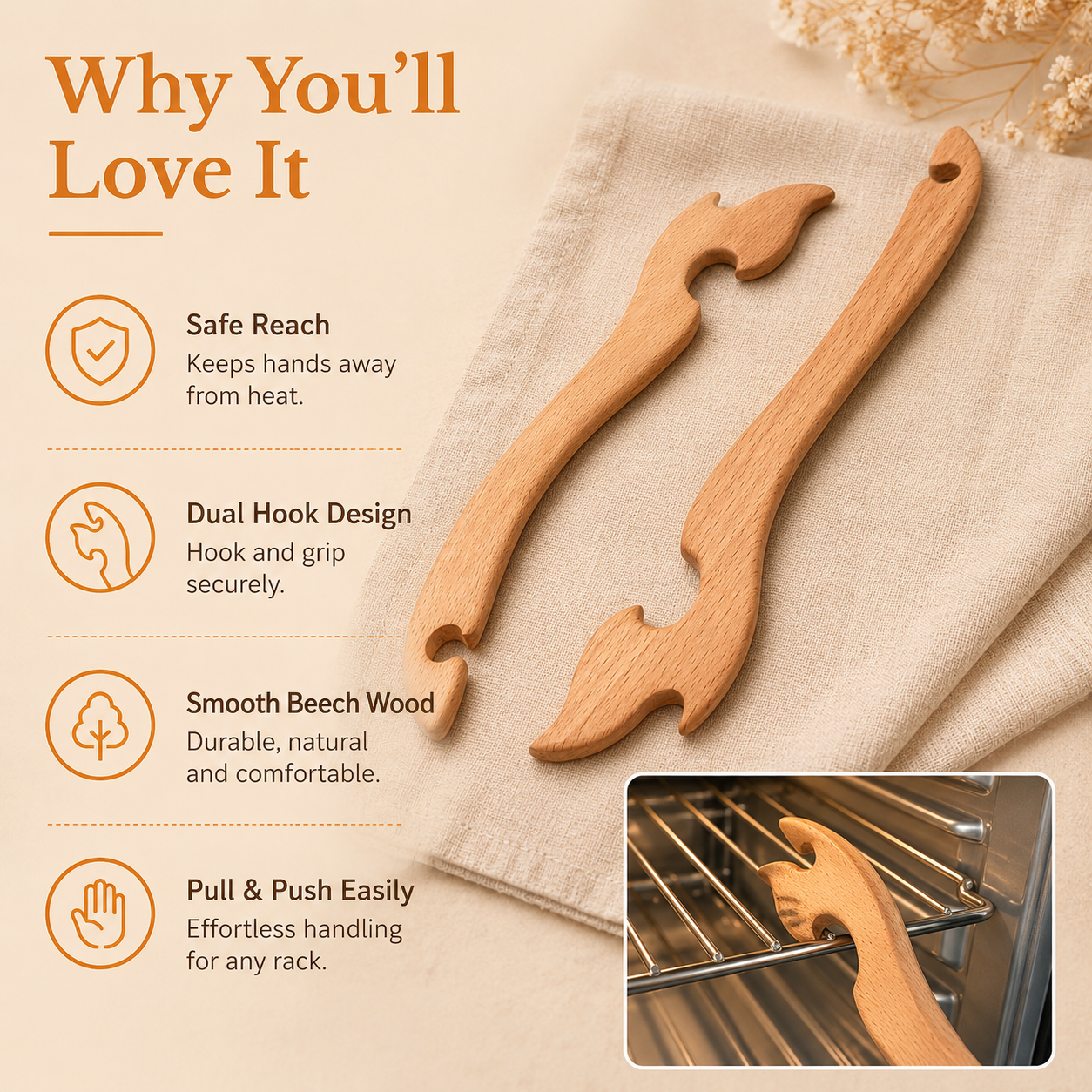 Wood Oven Rack Push Pull Tool