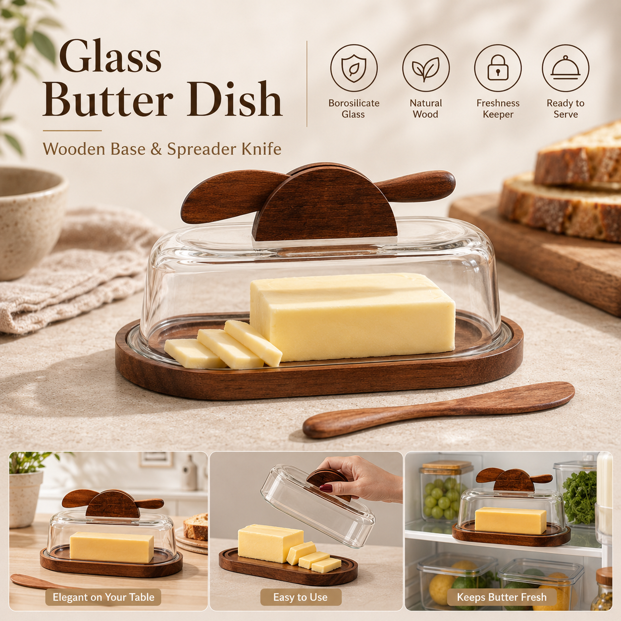 Glass Butter Dish with Wooden Base & Spreader Knife