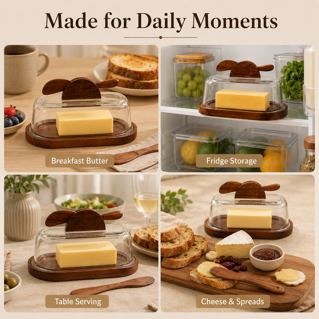Glass Butter Dish with Wooden Base & Spreader Knife