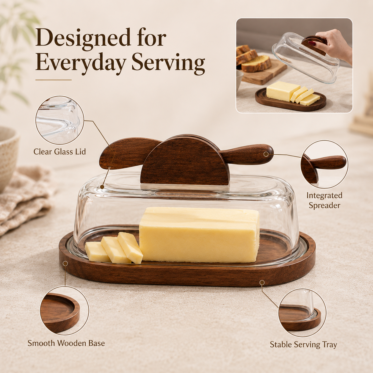 Glass Butter Dish with Wooden Base & Spreader Knife