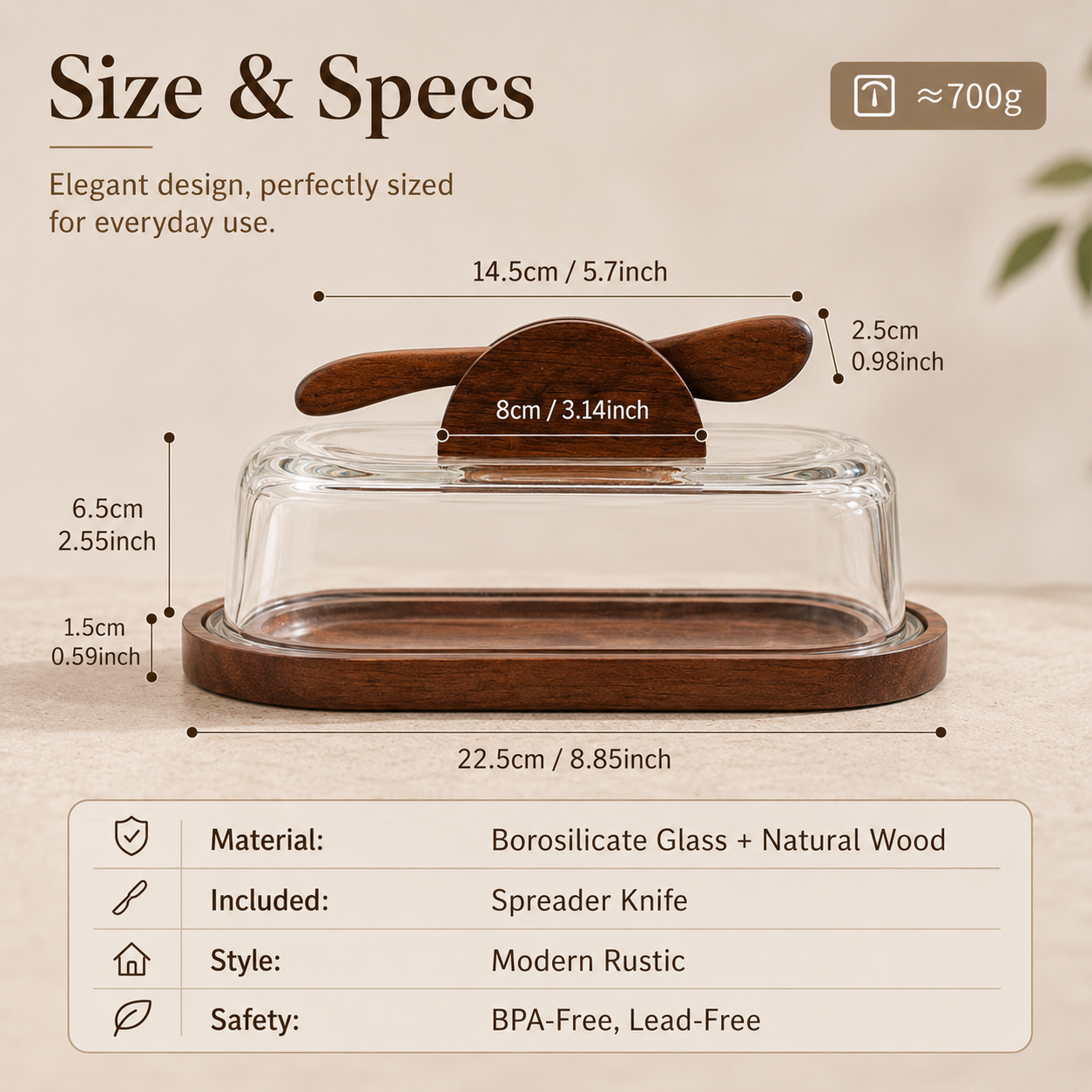 Glass Butter Dish with Wooden Base & Spreader Knife