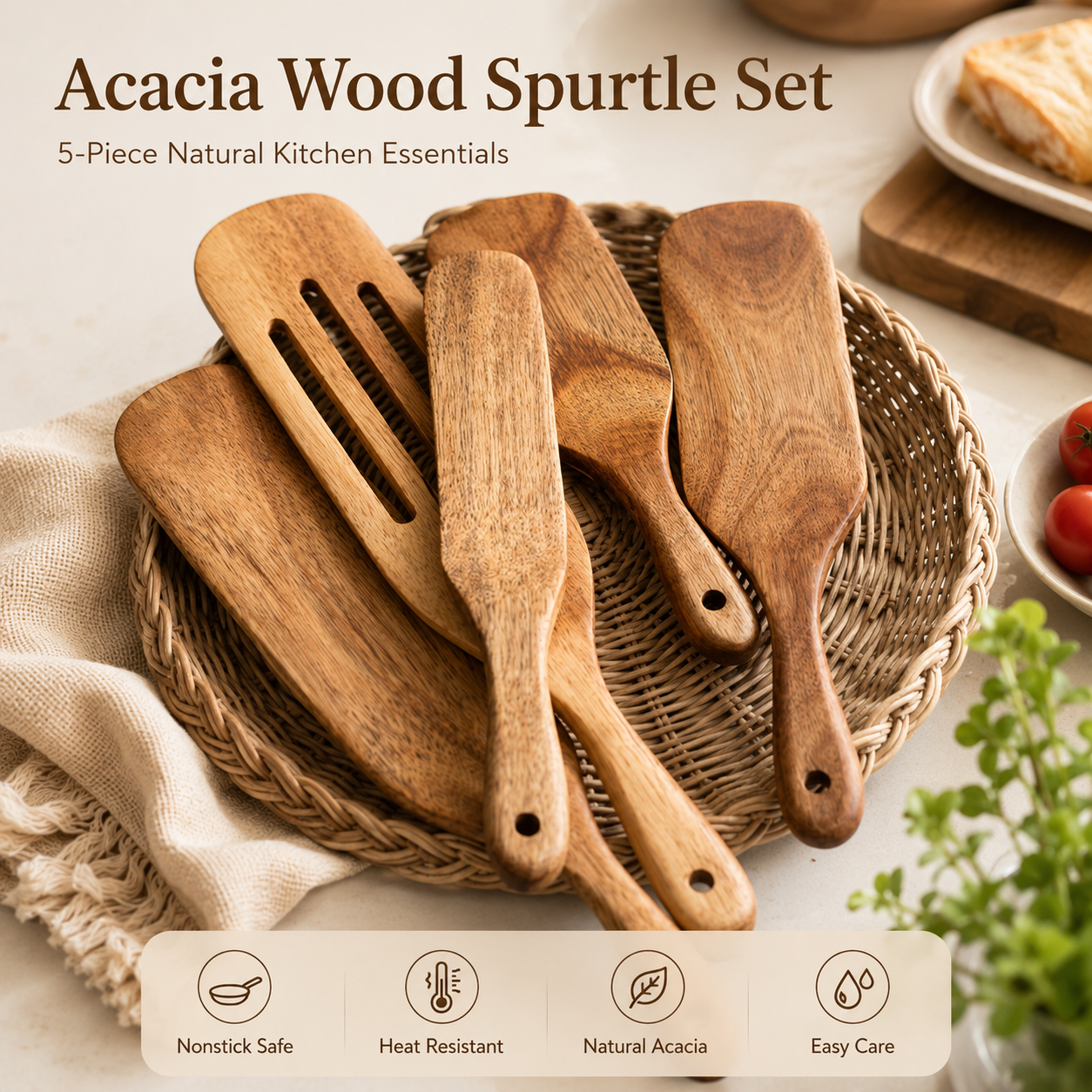 Acacia Wood Spatula Set – Nonstick Kitchen Utensils