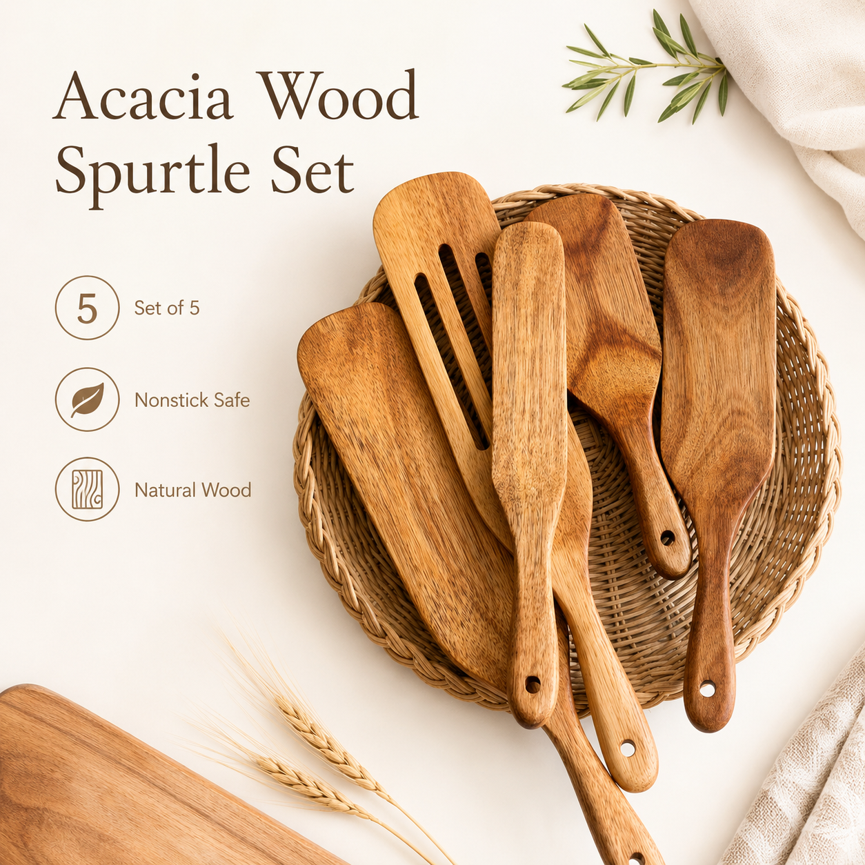Acacia Wood Spatula Set – Nonstick Kitchen Utensils