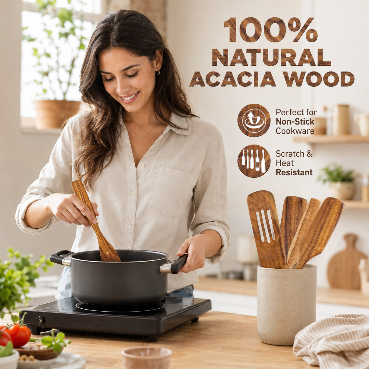 Acacia Wood Spatula Set – Nonstick Kitchen Utensils