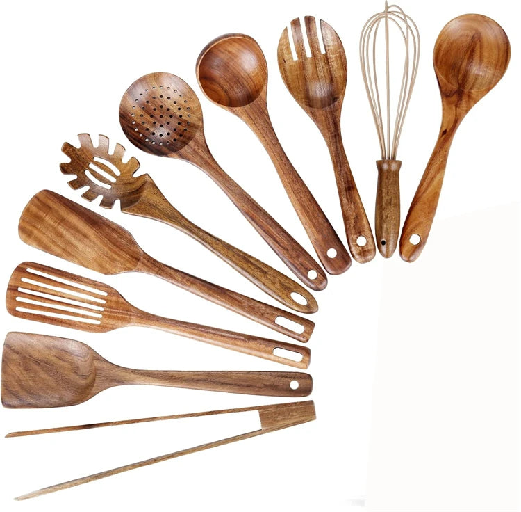 10-Piece Natural Teak Wooden Kitchen Utensil Set