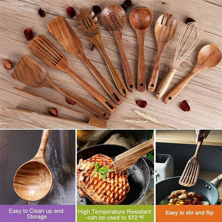 10-Piece Natural Teak Wooden Kitchen Utensil Set