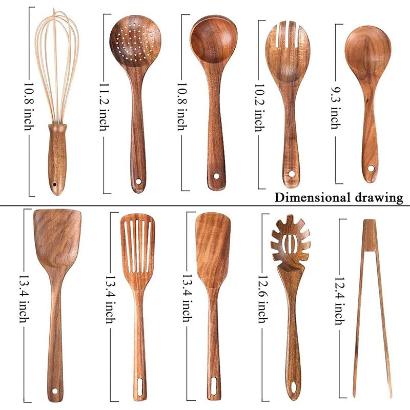 10-Piece Natural Teak Wooden Kitchen Utensil Set