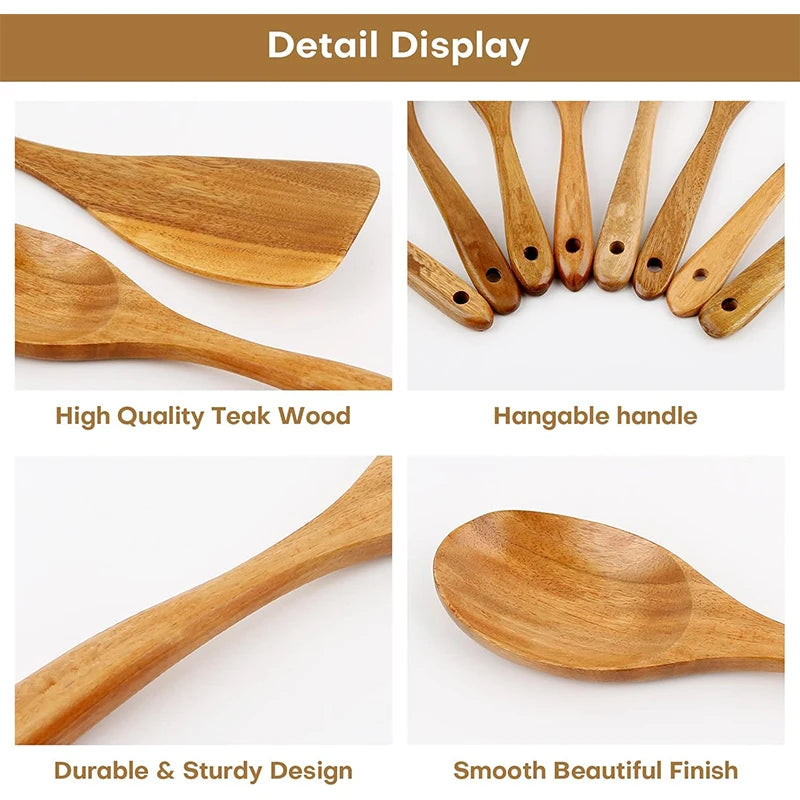 10-Piece Natural Teak Wooden Kitchen Utensil Set