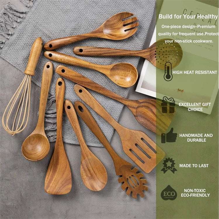 10-Piece Natural Teak Wooden Kitchen Utensil Set