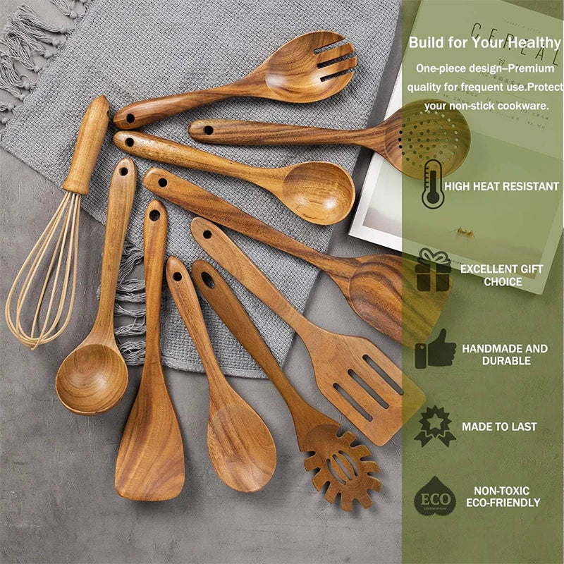 10-Piece Natural Teak Wooden Kitchen Utensil Set